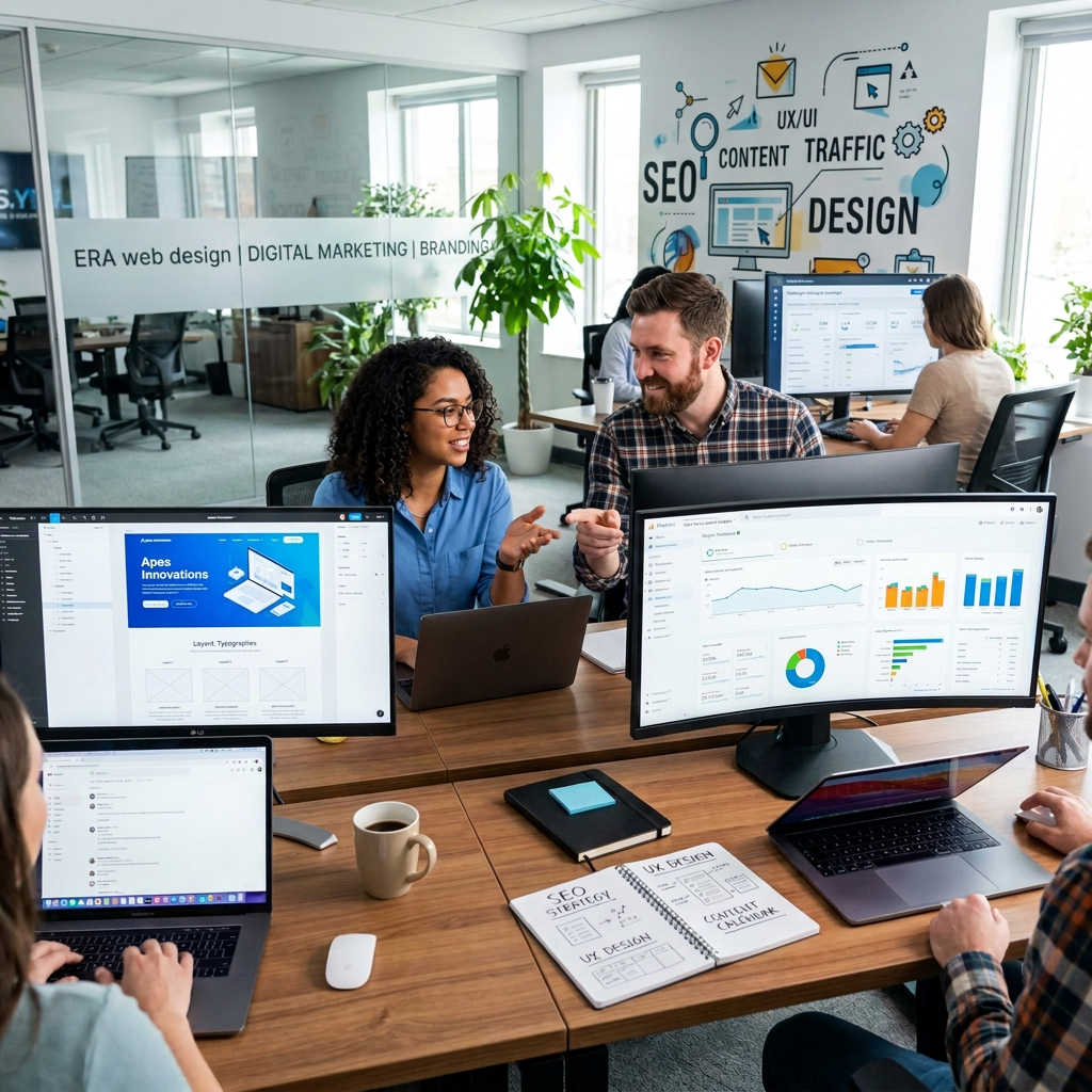 Digital marketing team with monitors showing website designs and analytics; wall reads SEO, UX/UI, content, traffic, design; glass reads Web Design | Digital Marketing | Branding.